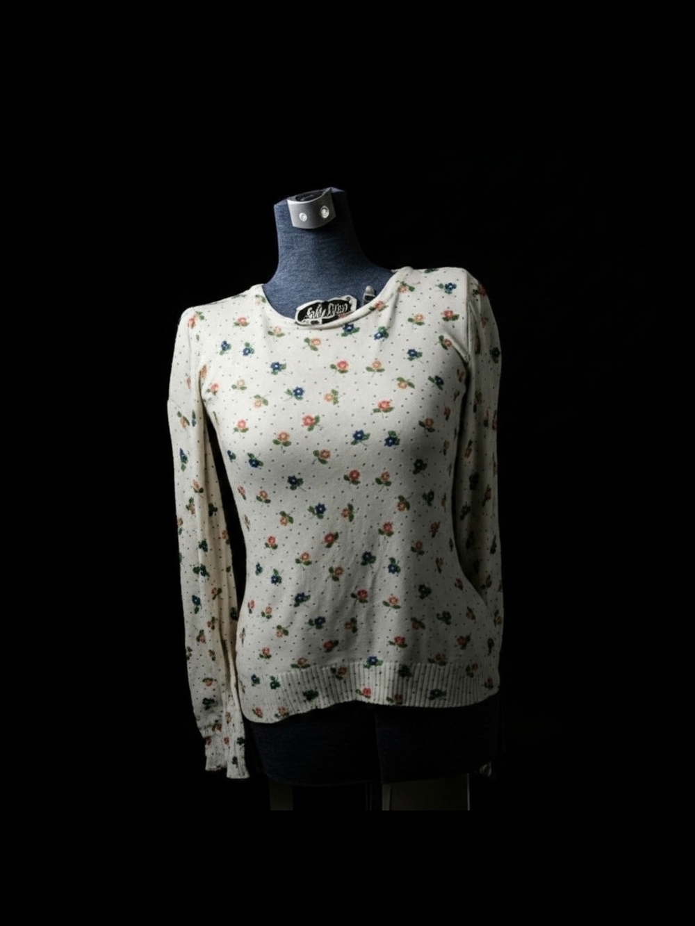 Lux Cream Floral Long-Sleeve Crewneck Knit Top Size M